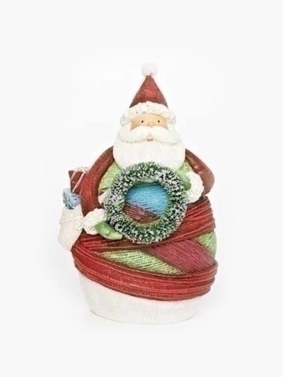Roman 6.5" Red and White Striped Yarn Wrapped Santa Claus with Wreath Christmas Figurine
